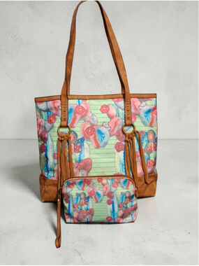 Catchfly Western Wear Watercolor Cactus Tote Bag and Pouch with Tan Trim